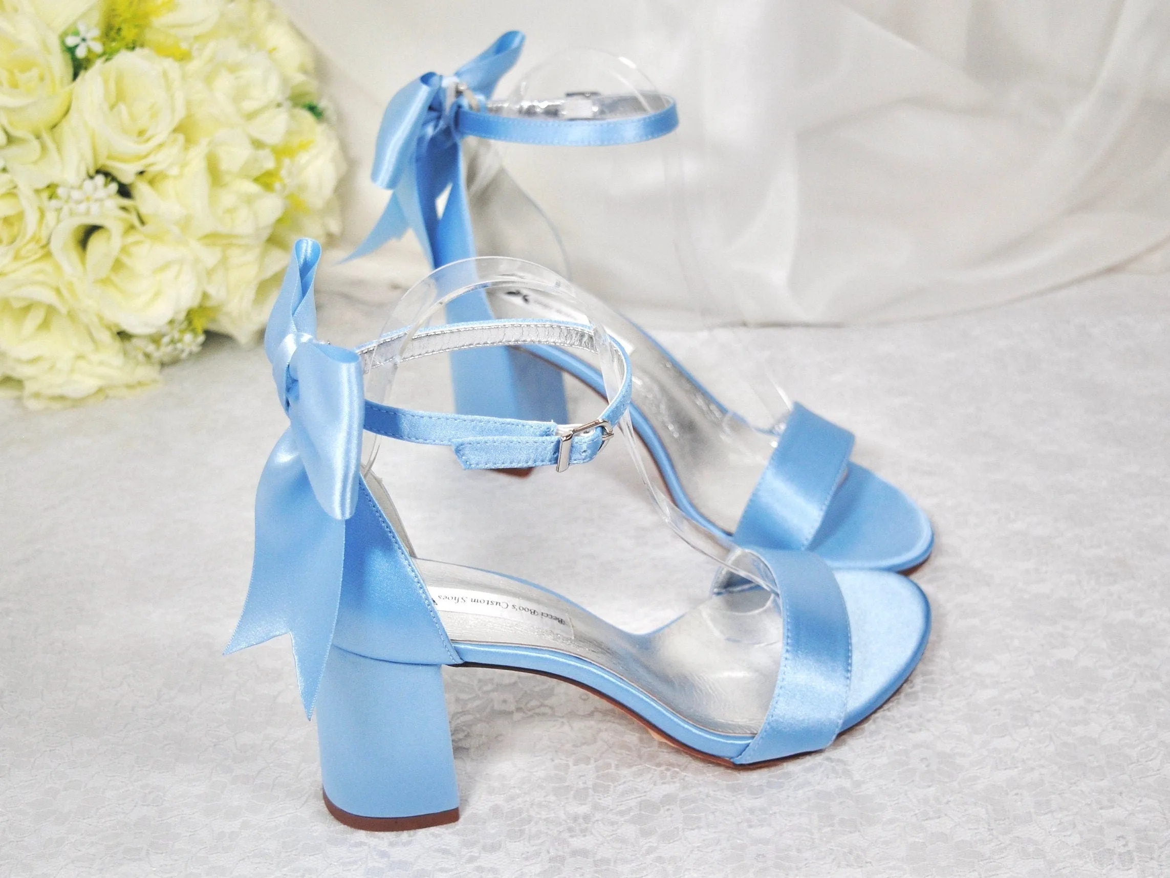 Beautiful Blue Satin Shoes, Block Heel Wedding Shoes, Bow Bridal Shoes