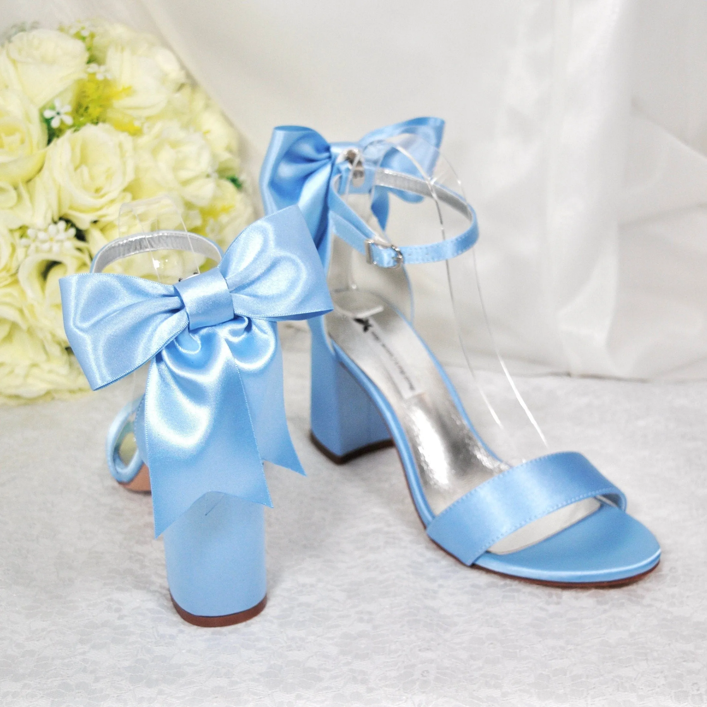 Beautiful Blue Satin Shoes, Block Heel Wedding Shoes, Bow Bridal Shoes