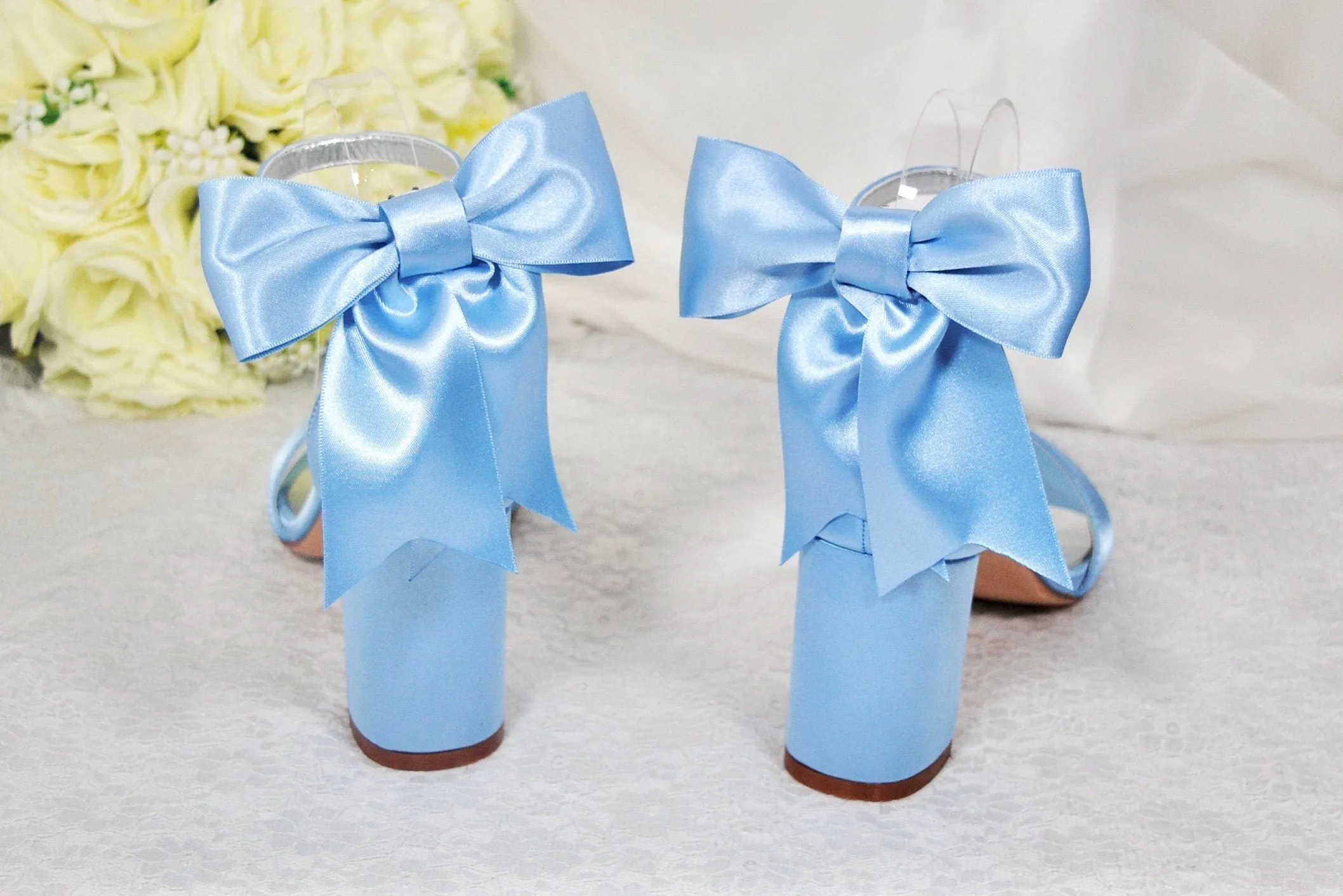 Beautiful Blue Satin Shoes, Block Heel Wedding Shoes, Bow Bridal Shoes