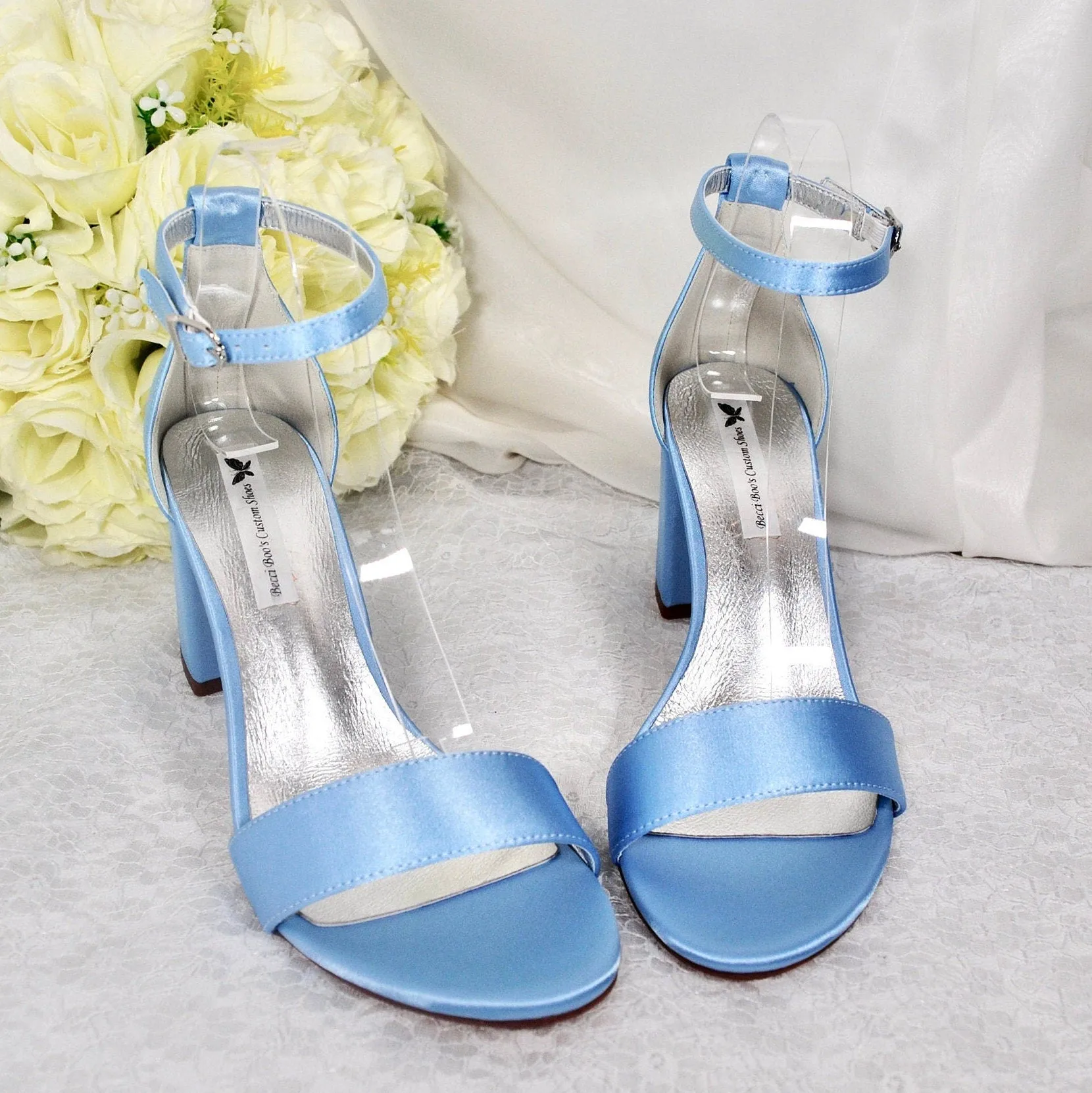 Beautiful Blue Satin Shoes, Block Heel Wedding Shoes, Bow Bridal Shoes