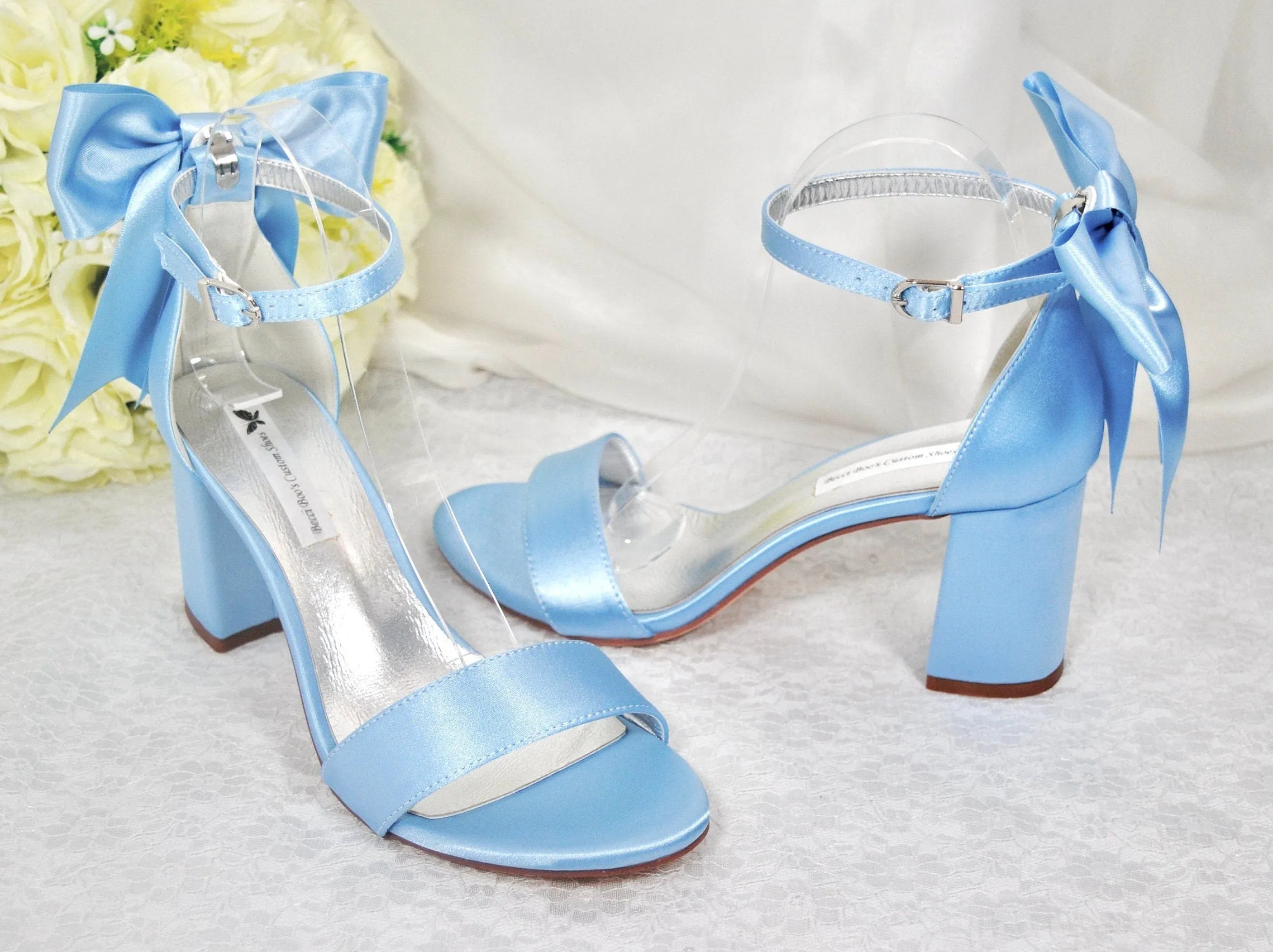 Beautiful Blue Satin Shoes, Block Heel Wedding Shoes, Bow Bridal Shoes
