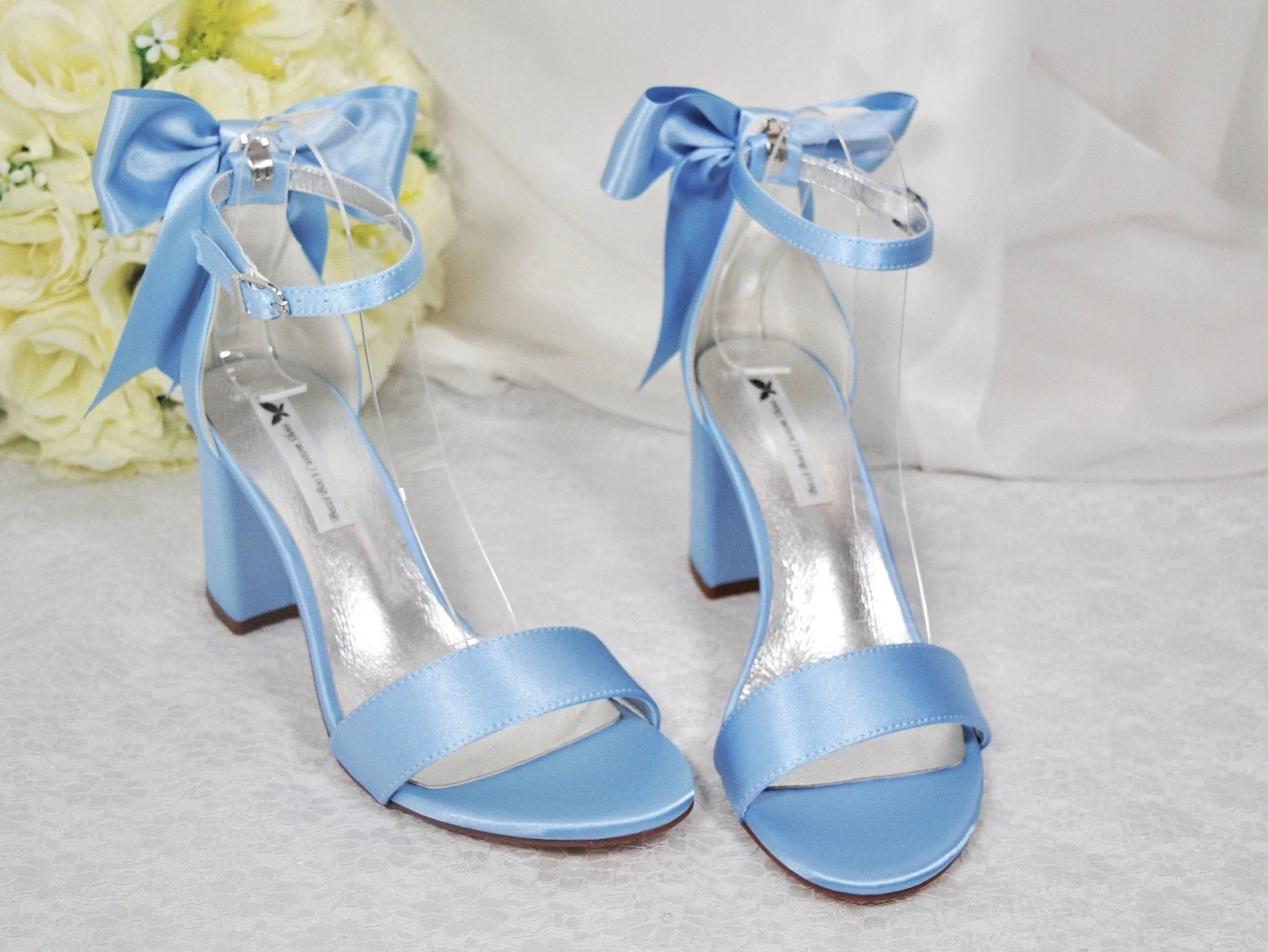 Beautiful Blue Satin Shoes, Block Heel Wedding Shoes, Bow Bridal Shoes