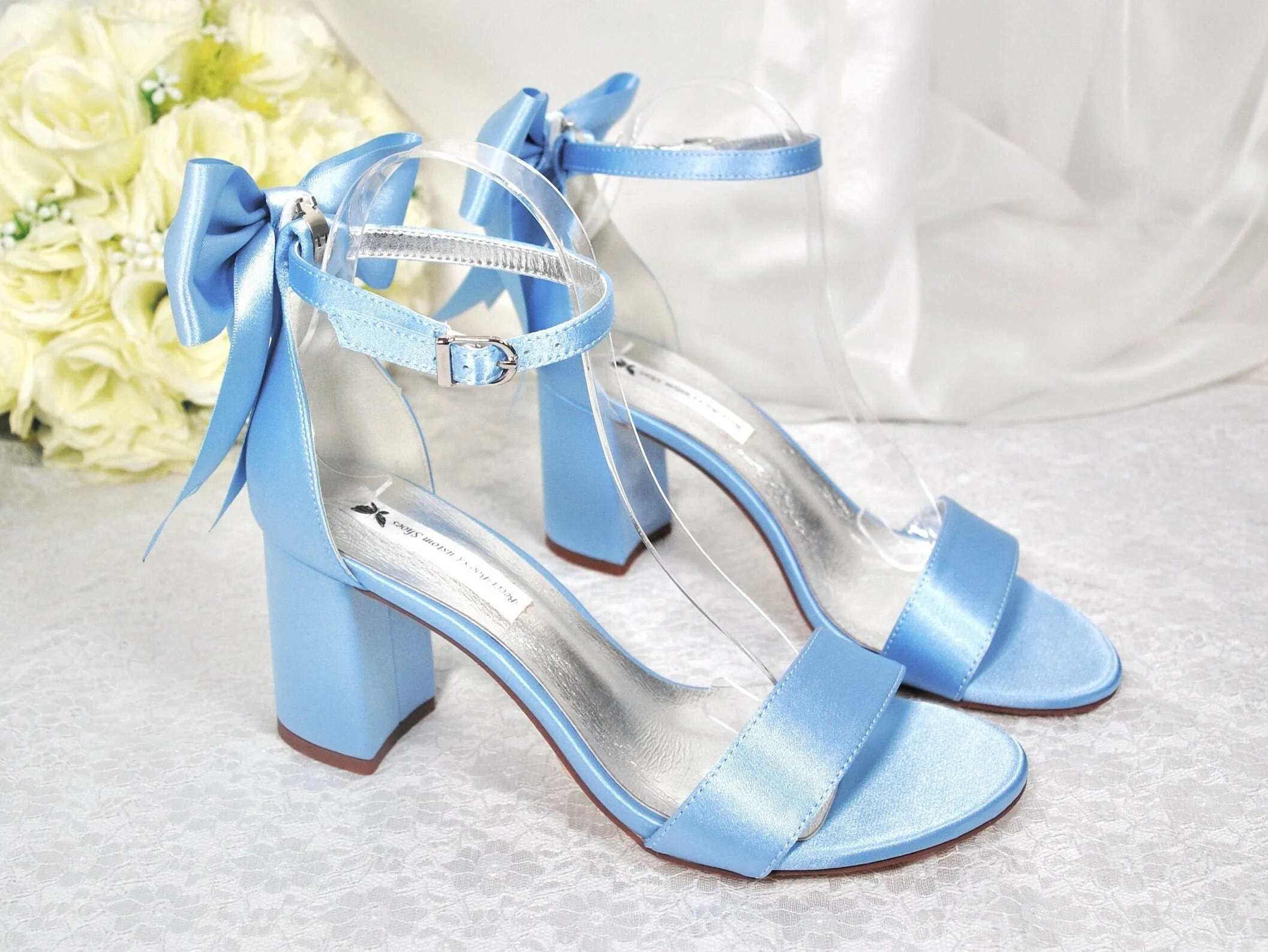 Beautiful Blue Satin Shoes, Block Heel Wedding Shoes, Bow Bridal Shoes