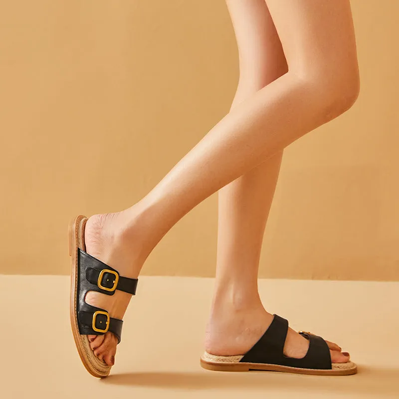 BeauToday Women's Calfskin Casual Buckle Slippers Espadrille Slides for Summer