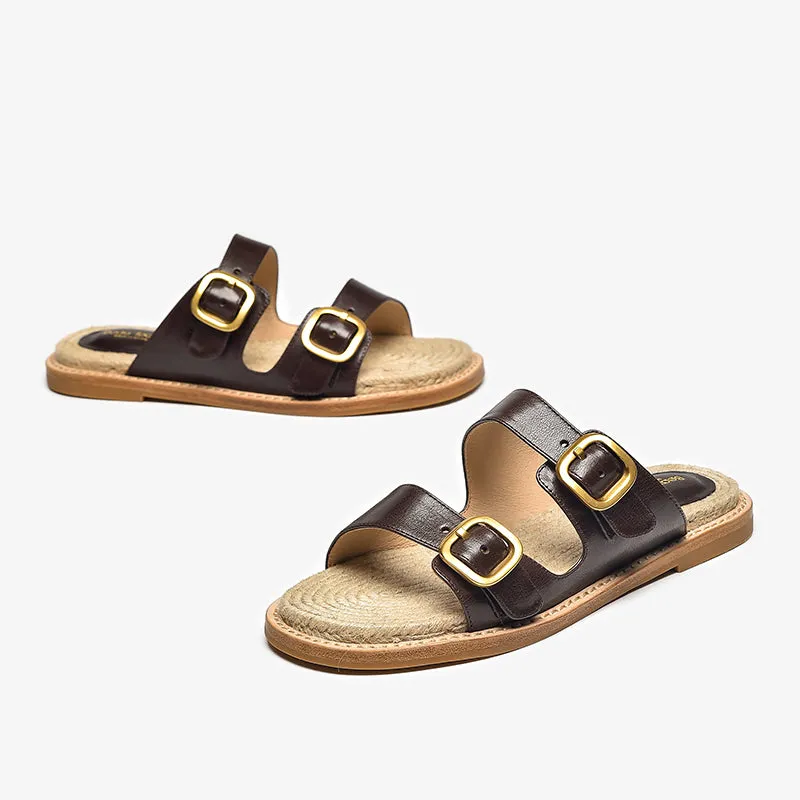 BeauToday Women's Calfskin Casual Buckle Slippers Espadrille Slides for Summer