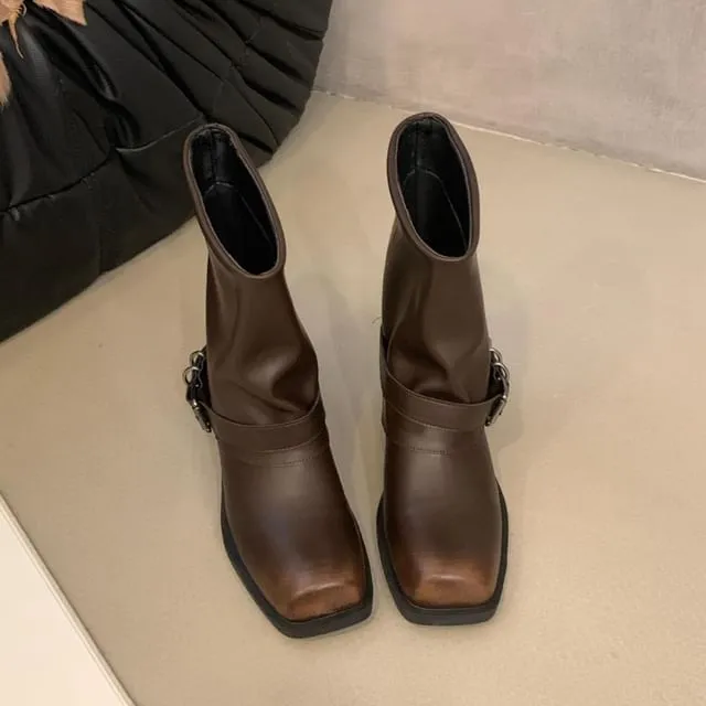 Block Heel Buckled Mid Calf Boots