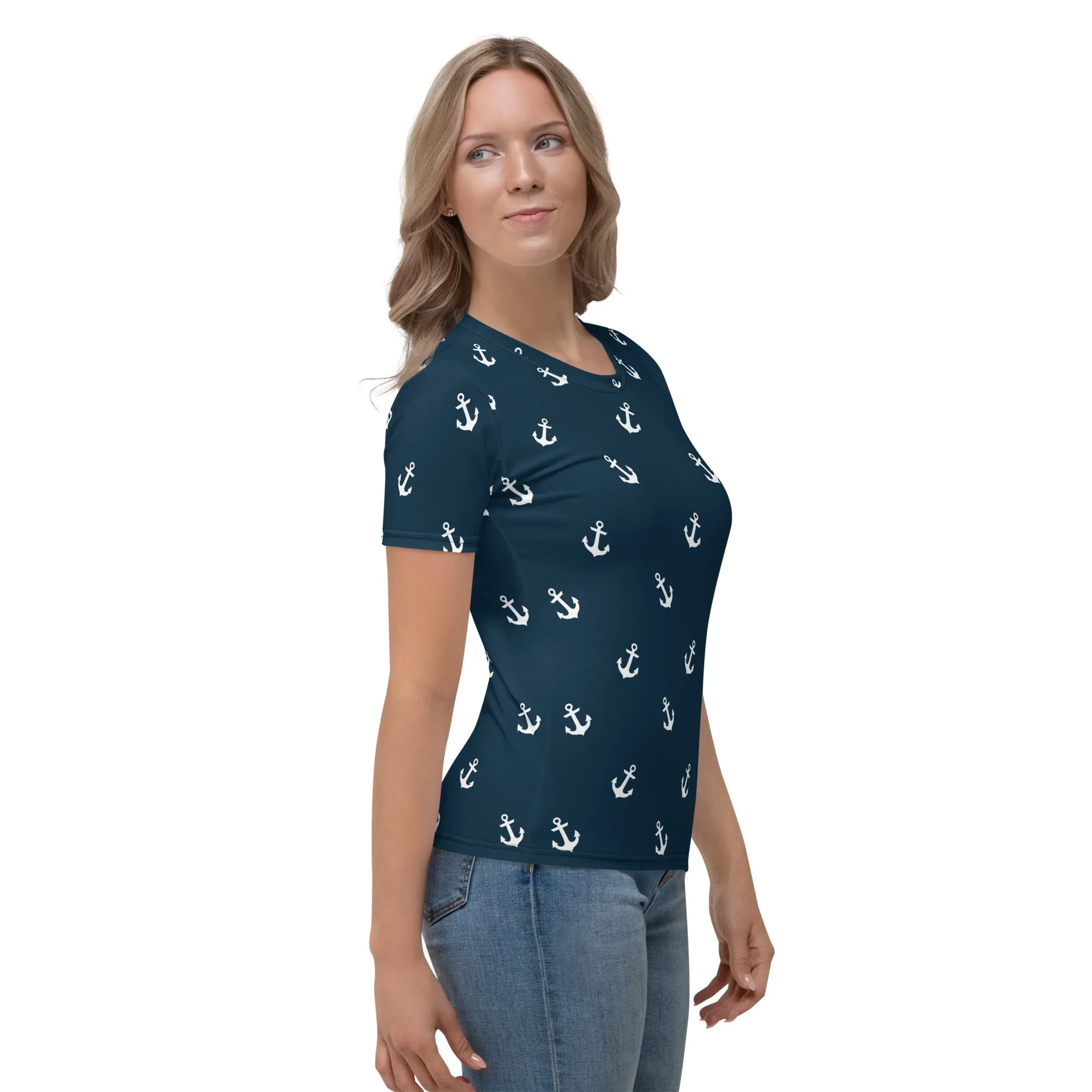 Blue Nautical Print Women's T-shirt, Matching shoes are available