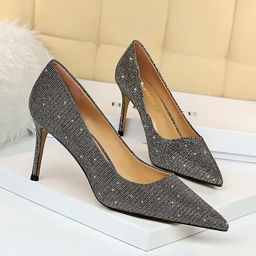 Chicvane Women's Glitter Pointed Toe High Heels Pump Shoes