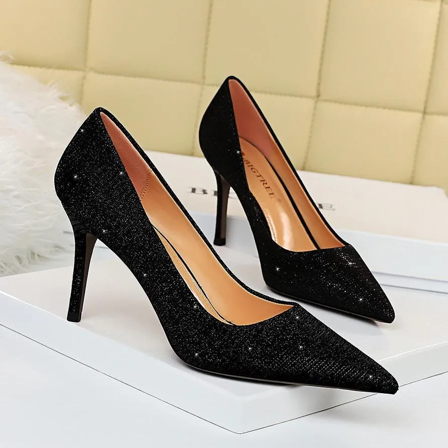 Chicvane Women's Glitter Pointed Toe High Heels Pump Shoes