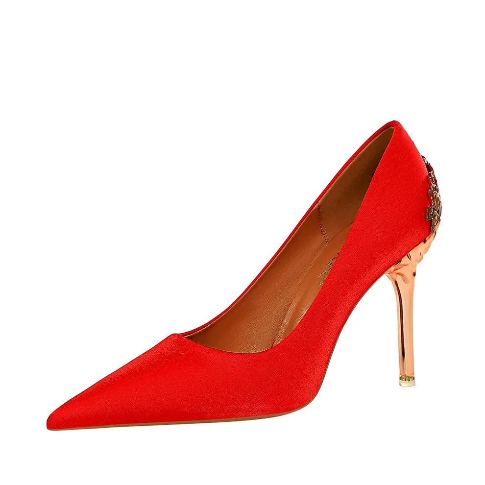 Chicvane Womens Satin Metal Stiletto Heels Pointed Toe Bridal Pumps