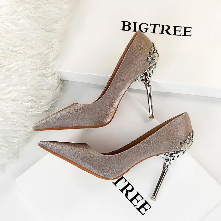 Chicvane Womens Satin Metal Stiletto Heels Pointed Toe Bridal Pumps