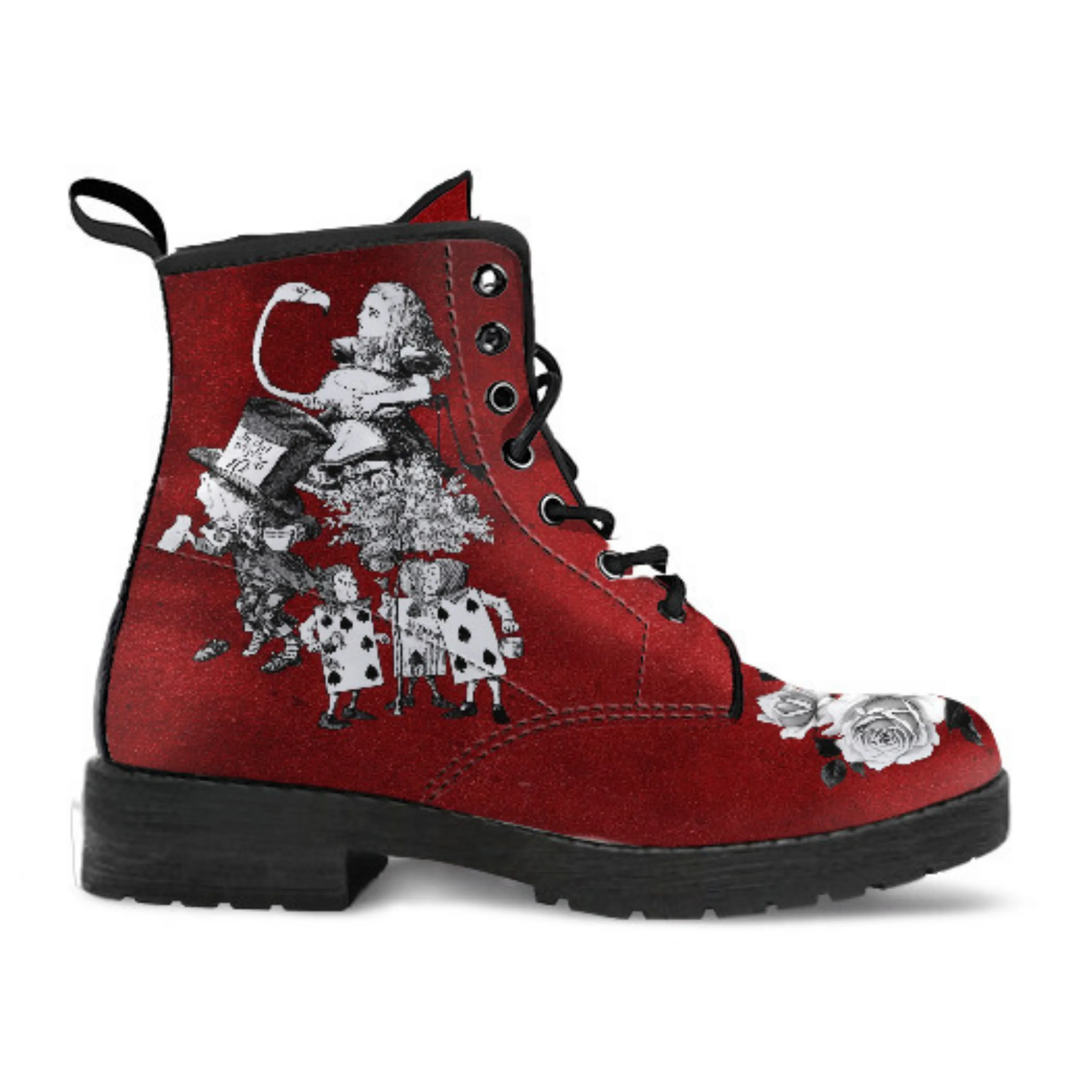 Combat Boots - Alice in Wonderland Gifts #61 Classic Series | Birthday Gifts, Gift Idea, Women's Boots, Custom Shoes, Vegan Shoes, Red Boots