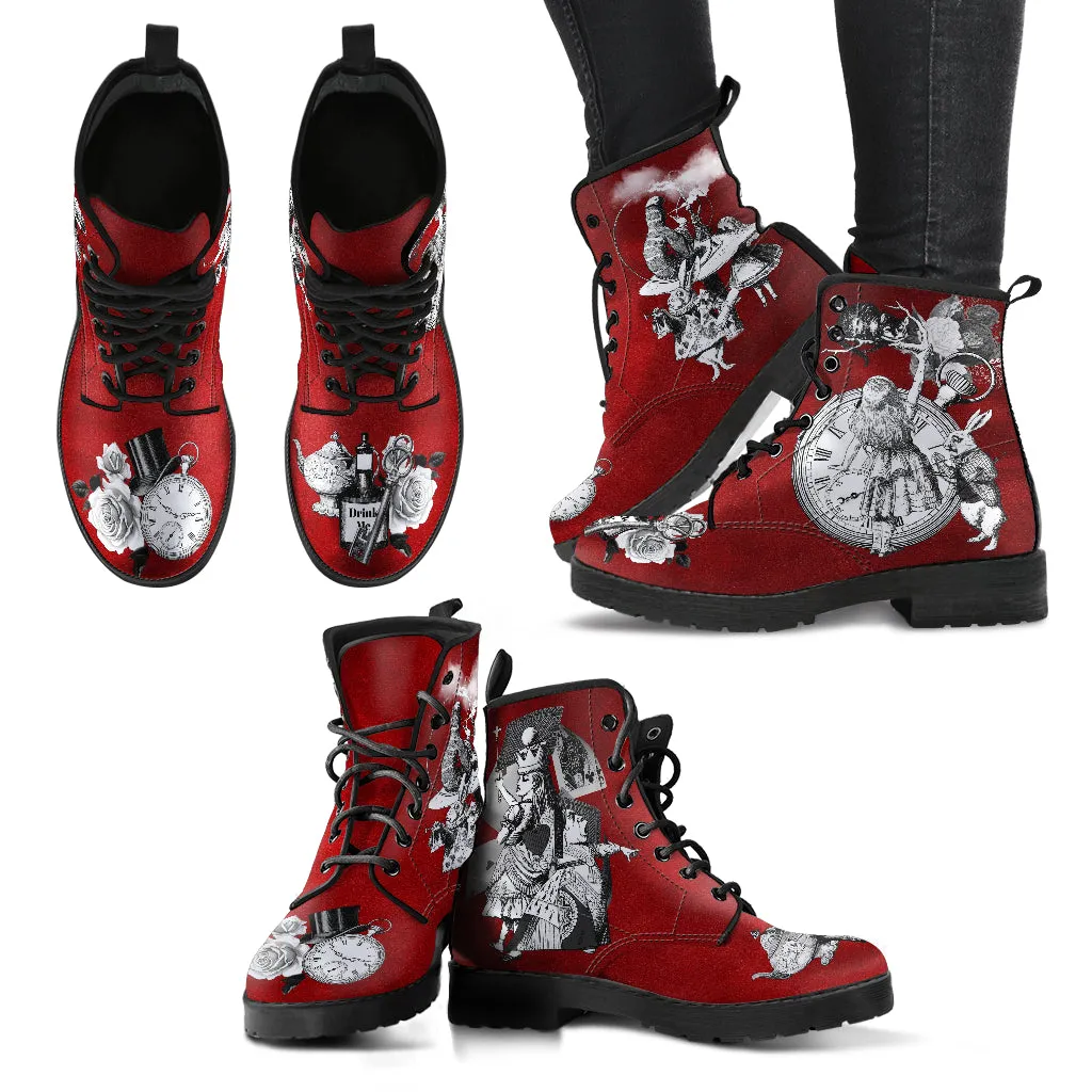 Combat Boots - Alice in Wonderland Gifts #61 Classic Series | Birthday Gifts, Gift Idea, Women's Boots, Custom Shoes, Vegan Shoes, Red Boots