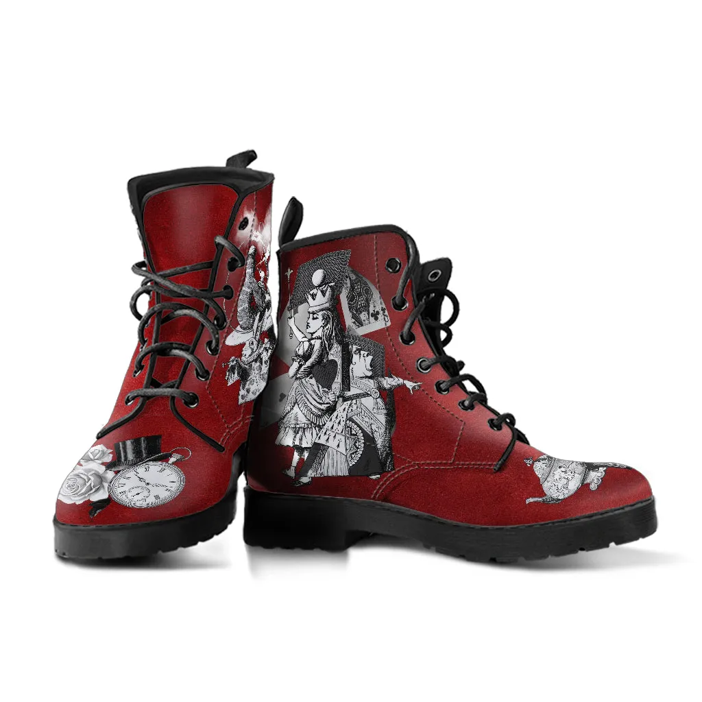 Combat Boots - Alice in Wonderland Gifts #61 Classic Series | Birthday Gifts, Gift Idea, Women's Boots, Custom Shoes, Vegan Shoes, Red Boots