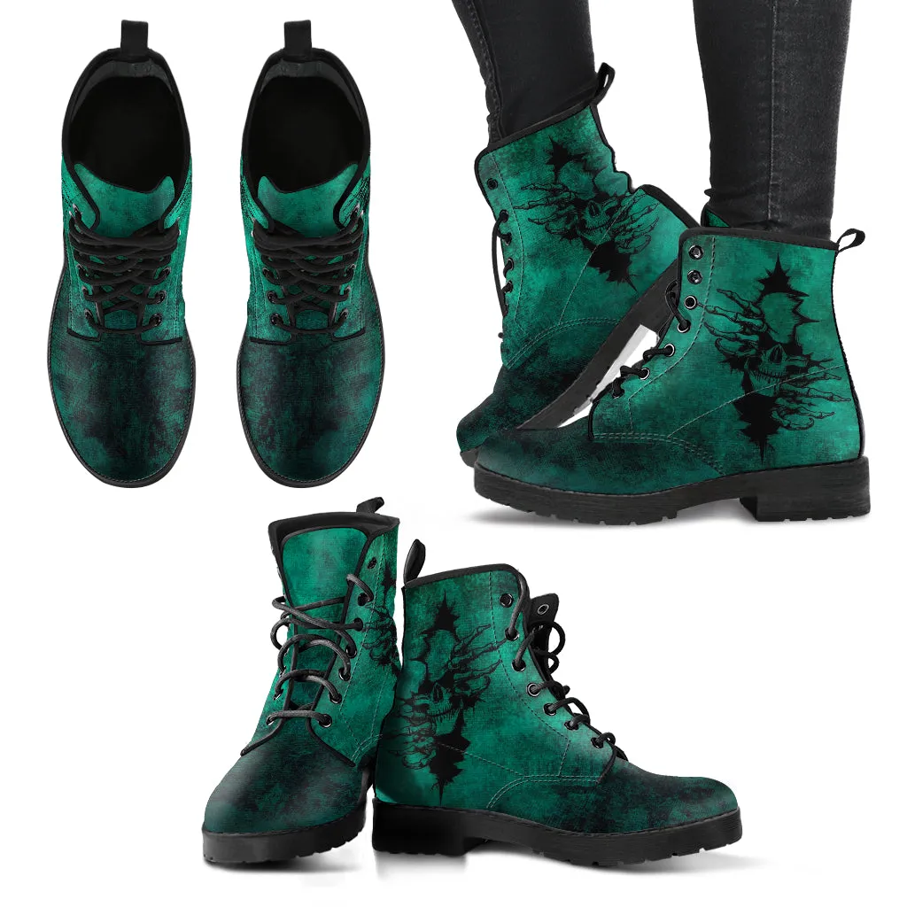 Combat Boots - Goth Shoes #104 Skulls, Grunge Green | Vegan Leather Lace Up Boots, Custom Shoes Boho, Goth Witch Boots, Goth Boots