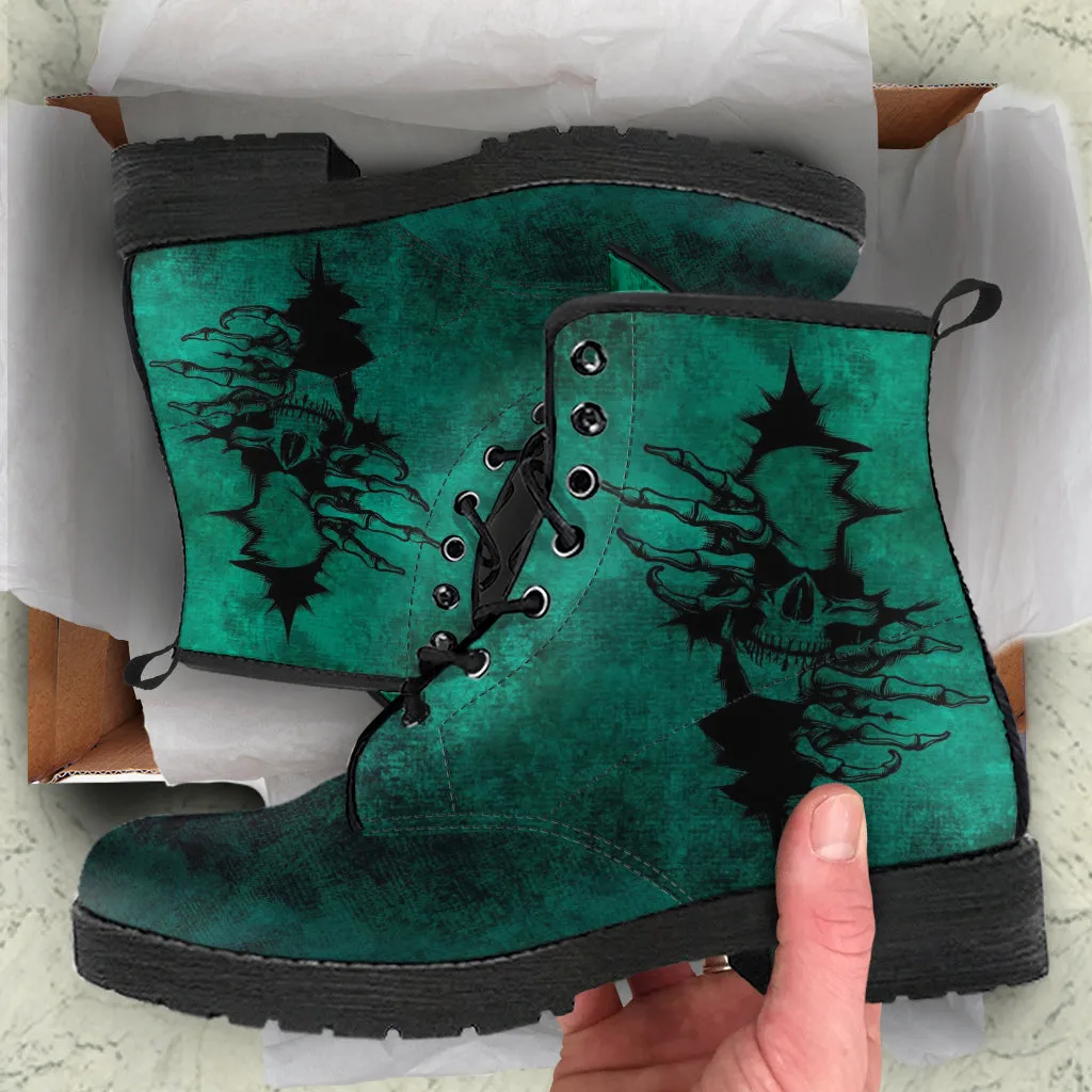 Combat Boots - Goth Shoes #104 Skulls, Grunge Green | Vegan Leather Lace Up Boots, Custom Shoes Boho, Goth Witch Boots, Goth Boots