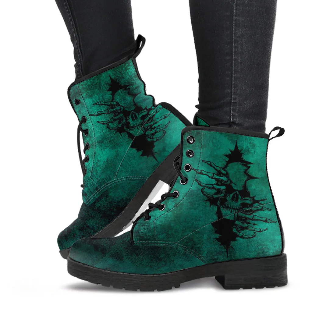 Combat Boots - Goth Shoes #104 Skulls, Grunge Green | Vegan Leather Lace Up Boots, Custom Shoes Boho, Goth Witch Boots, Goth Boots