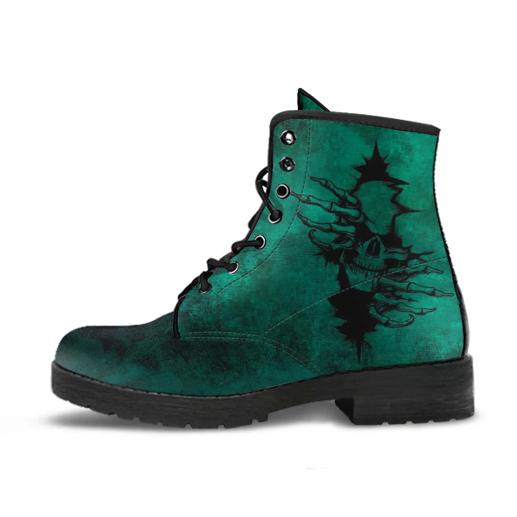Combat Boots - Goth Shoes #104 Skulls, Grunge Green | Vegan Leather Lace Up Boots, Custom Shoes Boho, Goth Witch Boots, Goth Boots
