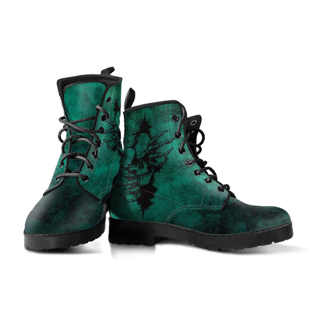 Combat Boots - Goth Shoes #104 Skulls, Grunge Green | Vegan Leather Lace Up Boots, Custom Shoes Boho, Goth Witch Boots, Goth Boots