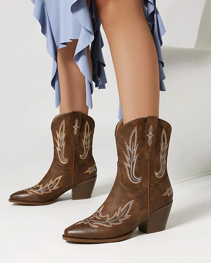 Embroidery Mid Calf Cowgirl Stitched Western Boots