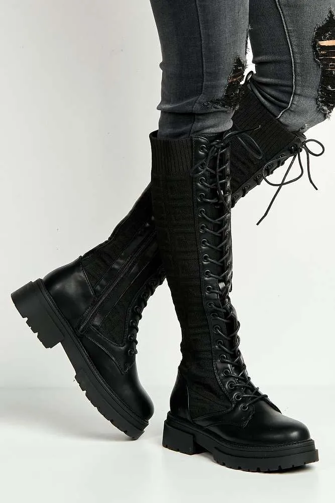 Indie Lace Detailing Calf Boots in Black