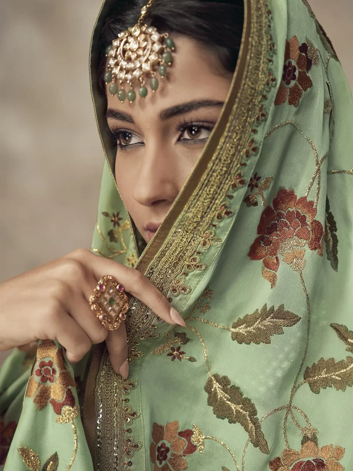 Light Green Golden Embroidered Designer Silk Palazzo Suit