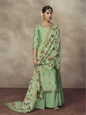 Light Green Golden Embroidered Designer Silk Palazzo Suit