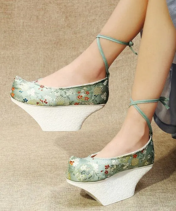 Light Green High Heels Platform Satin Fabric Embroideried Vintage Cross Strap High Heels