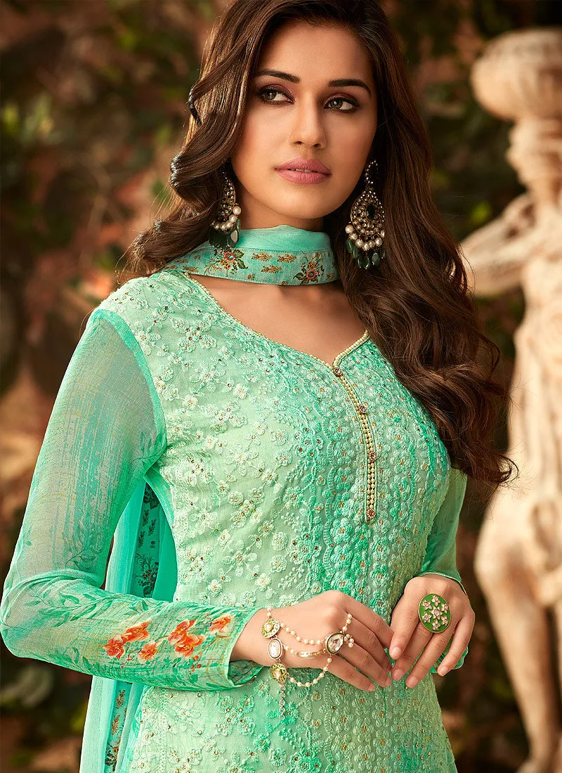 Light Green Multi Embroidered And Printed Designer Palazzo Suit