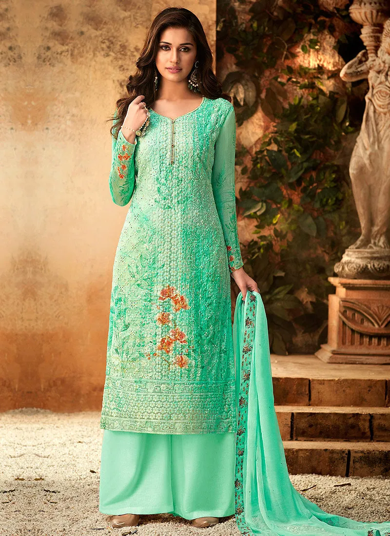 Light Green Multi Embroidered And Printed Designer Palazzo Suit