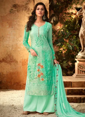 Light Green Multi Embroidered And Printed Designer Palazzo Suit