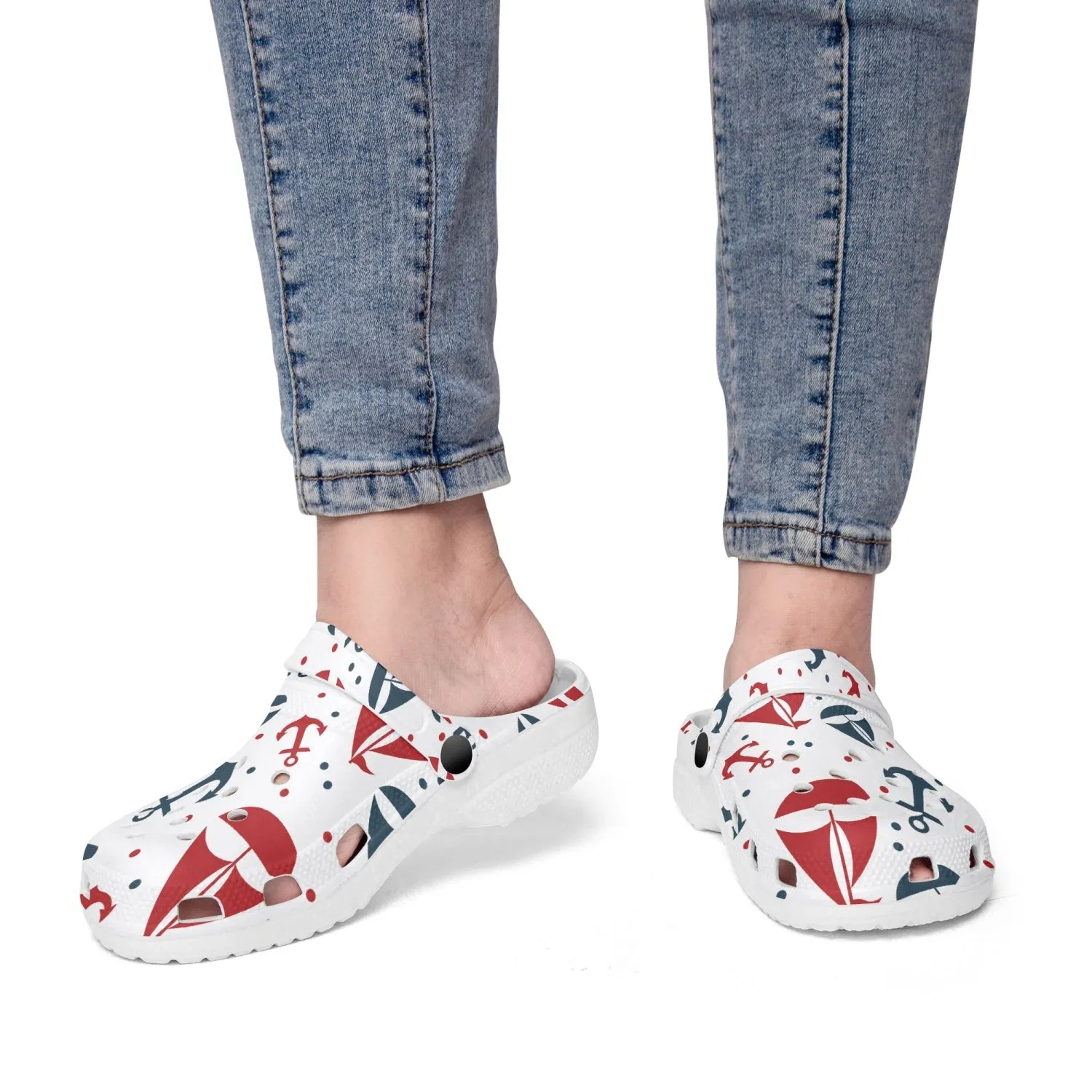 Nautical Theme All Over Printed Clogs, Sailboats and Anchors Print Clogs