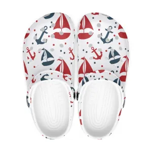 Nautical Theme All Over Printed Clogs, Sailboats and Anchors Print Clogs