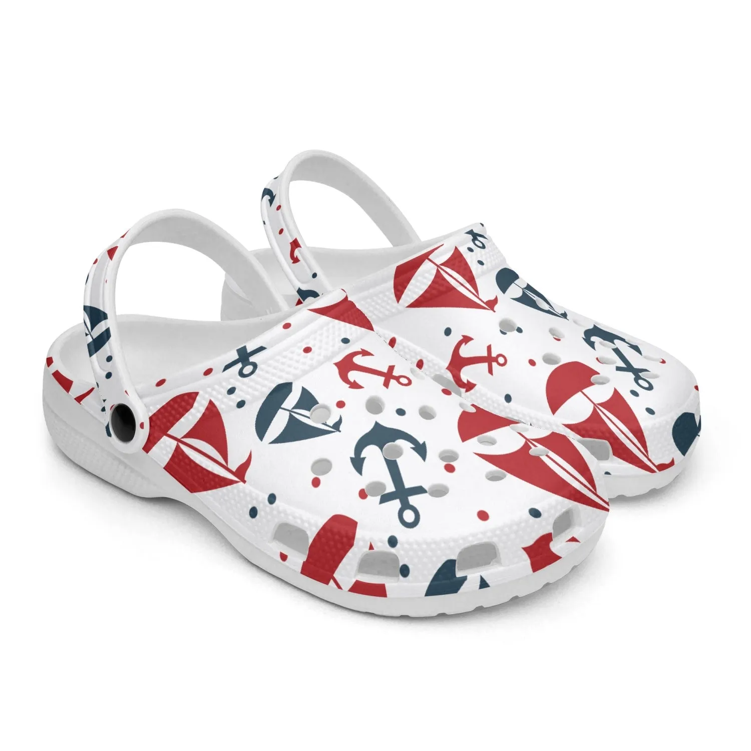 Nautical Theme All Over Printed Clogs, Sailboats and Anchors Print Clogs
