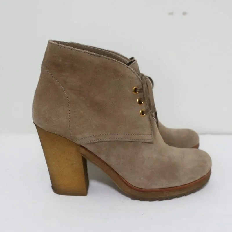 Prada Sport Desert Boots Beige Suede Size 38 High Heel Lace-Up Ankle Boots