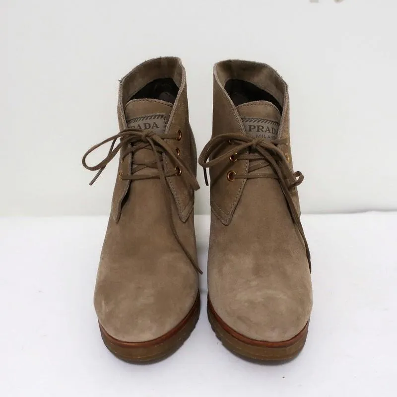Prada Sport Desert Boots Beige Suede Size 38 High Heel Lace-Up Ankle Boots