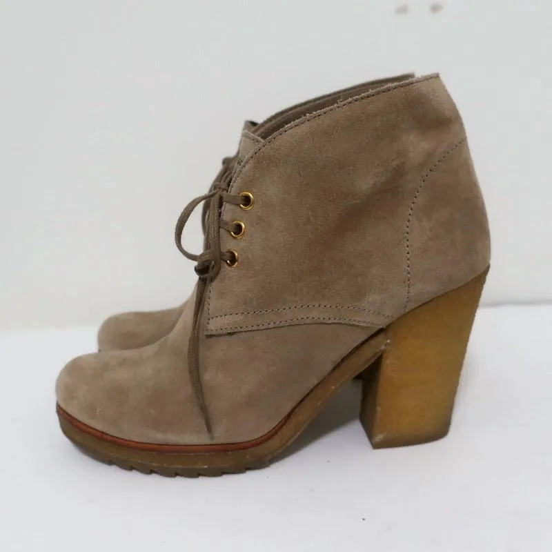 Prada Sport Desert Boots Beige Suede Size 38 High Heel Lace-Up Ankle Boots