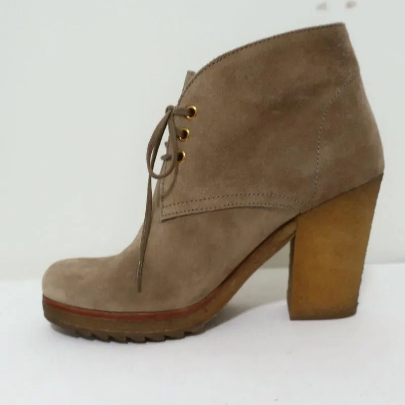 Prada Sport Desert Boots Beige Suede Size 38 High Heel Lace-Up Ankle Boots