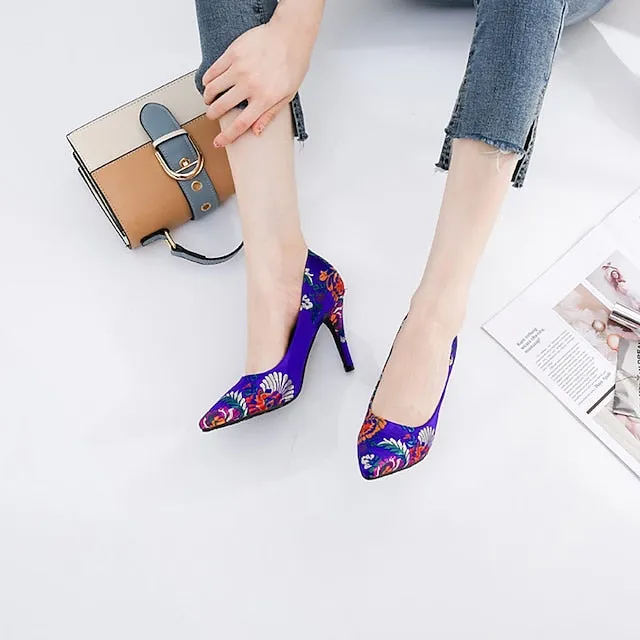 Purpdrank - Women's Heels High Heels Wedding Party Pumps Pointed Toe Satin Loafer Color Block Black White Rosy Pink
