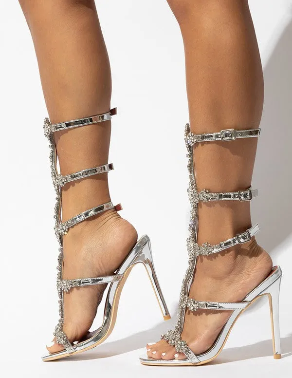 Silver Heel Exotic Design Rhinestone Gladiator